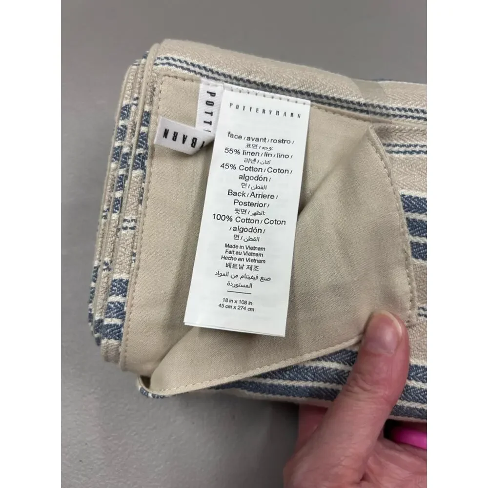 Pottery Barn Colette Stripe Blue Tan Cotton / Linen Table Runner Dining Room NWT